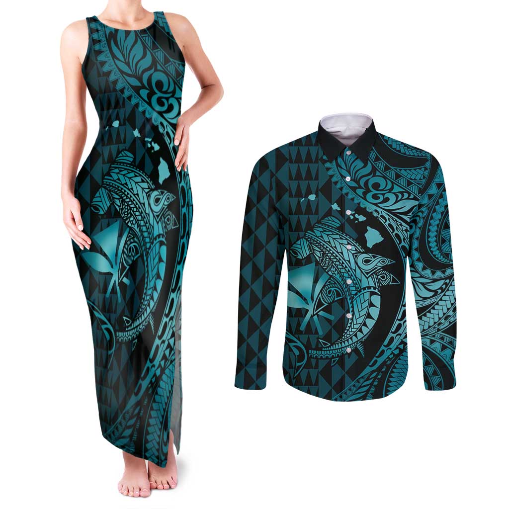 Aloha Hawaii Hammerhead Shark Couples Matching Tank Maxi Dress and Long Sleeve Button Shirt Turquoise Kakau and Polynesian Tattoo LT03 Turquoise - Polynesian Pride