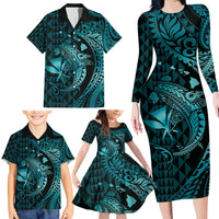 Aloha Hawaii Hammerhead Shark Family Matching Long Sleeve Bodycon Dress and Hawaiian Shirt Turquoise Kakau and Polynesian Tattoo LT03 - Polynesian Pride