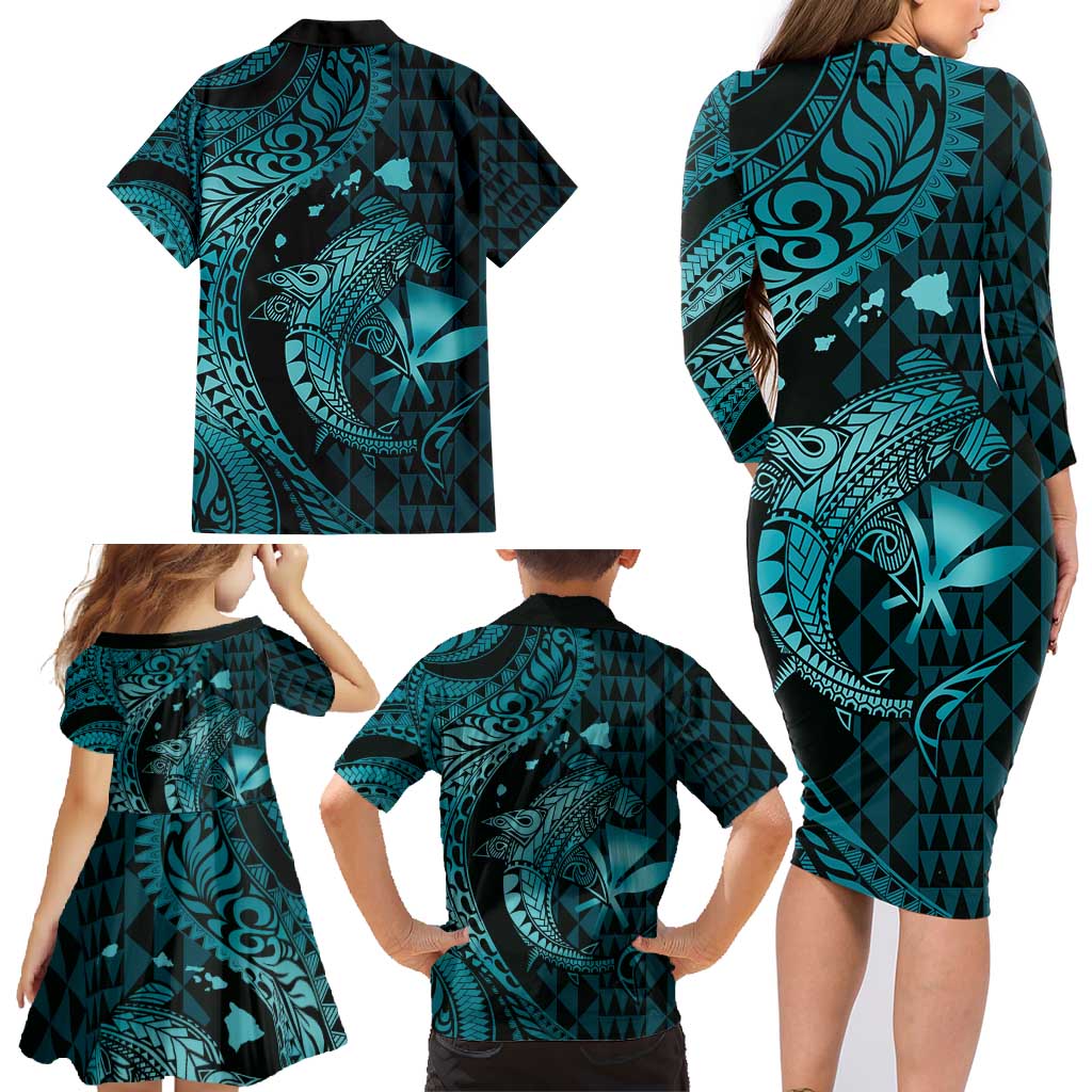 Aloha Hawaii Hammerhead Shark Family Matching Long Sleeve Bodycon Dress and Hawaiian Shirt Turquoise Kakau and Polynesian Tattoo LT03 - Polynesian Pride
