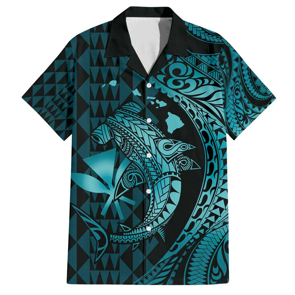Aloha Hawaii Hammerhead Shark Family Matching Long Sleeve Bodycon Dress and Hawaiian Shirt Turquoise Kakau and Polynesian Tattoo LT03 Dad's Shirt - Short Sleeve Turquoise - Polynesian Pride