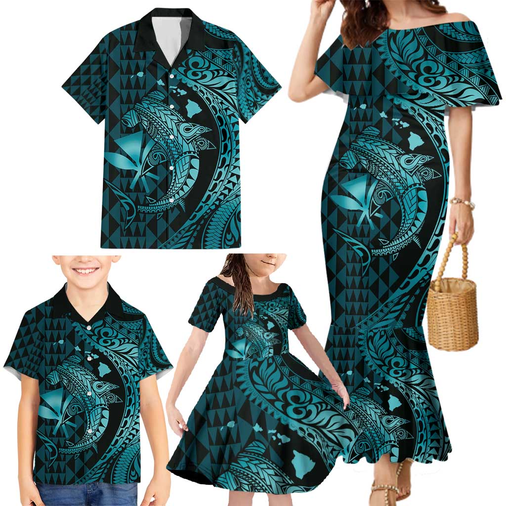 Aloha Hawaii Hammerhead Shark Family Matching Mermaid Dress and Hawaiian Shirt Turquoise Kakau and Polynesian Tattoo LT03 - Polynesian Pride