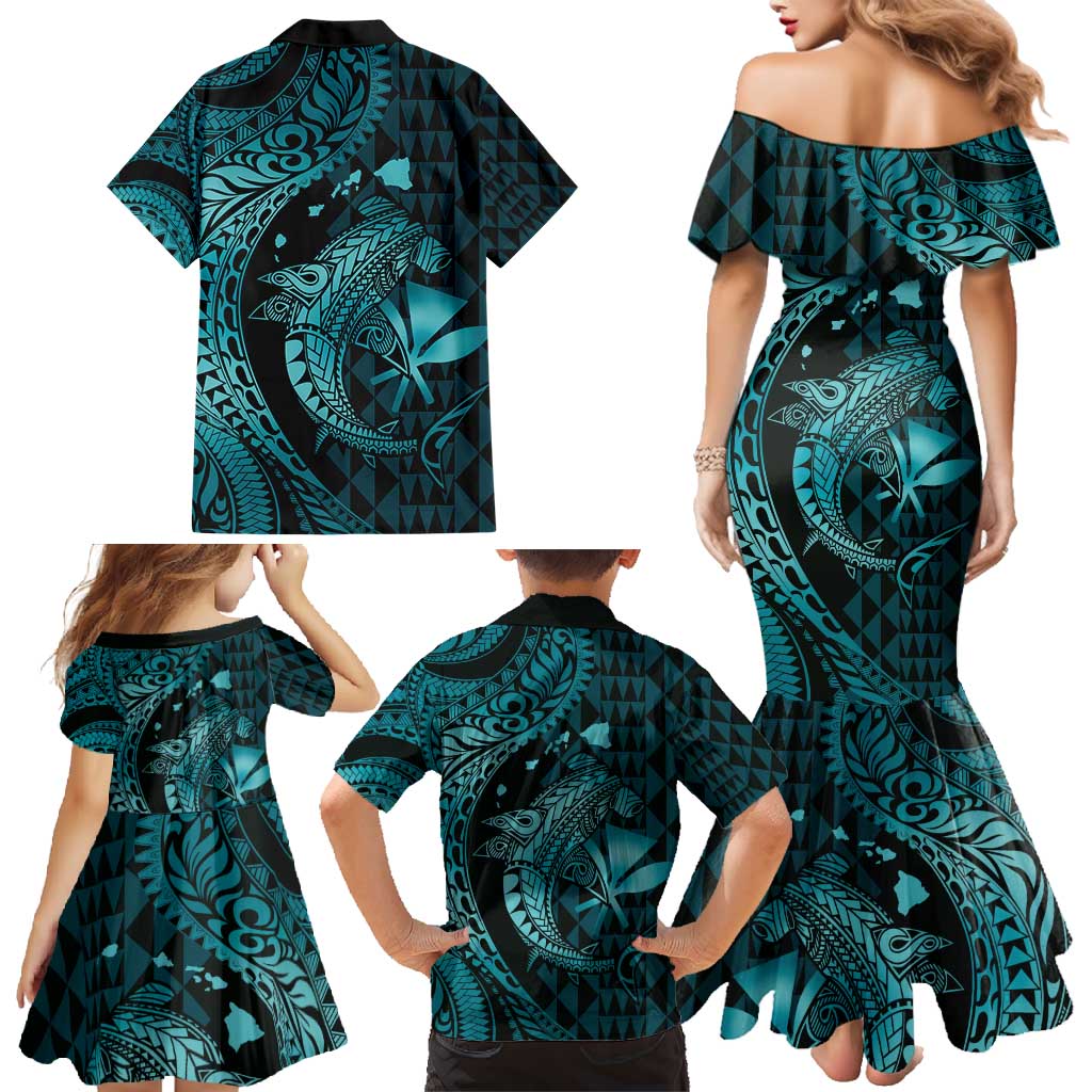 Aloha Hawaii Hammerhead Shark Family Matching Mermaid Dress and Hawaiian Shirt Turquoise Kakau and Polynesian Tattoo LT03 - Polynesian Pride