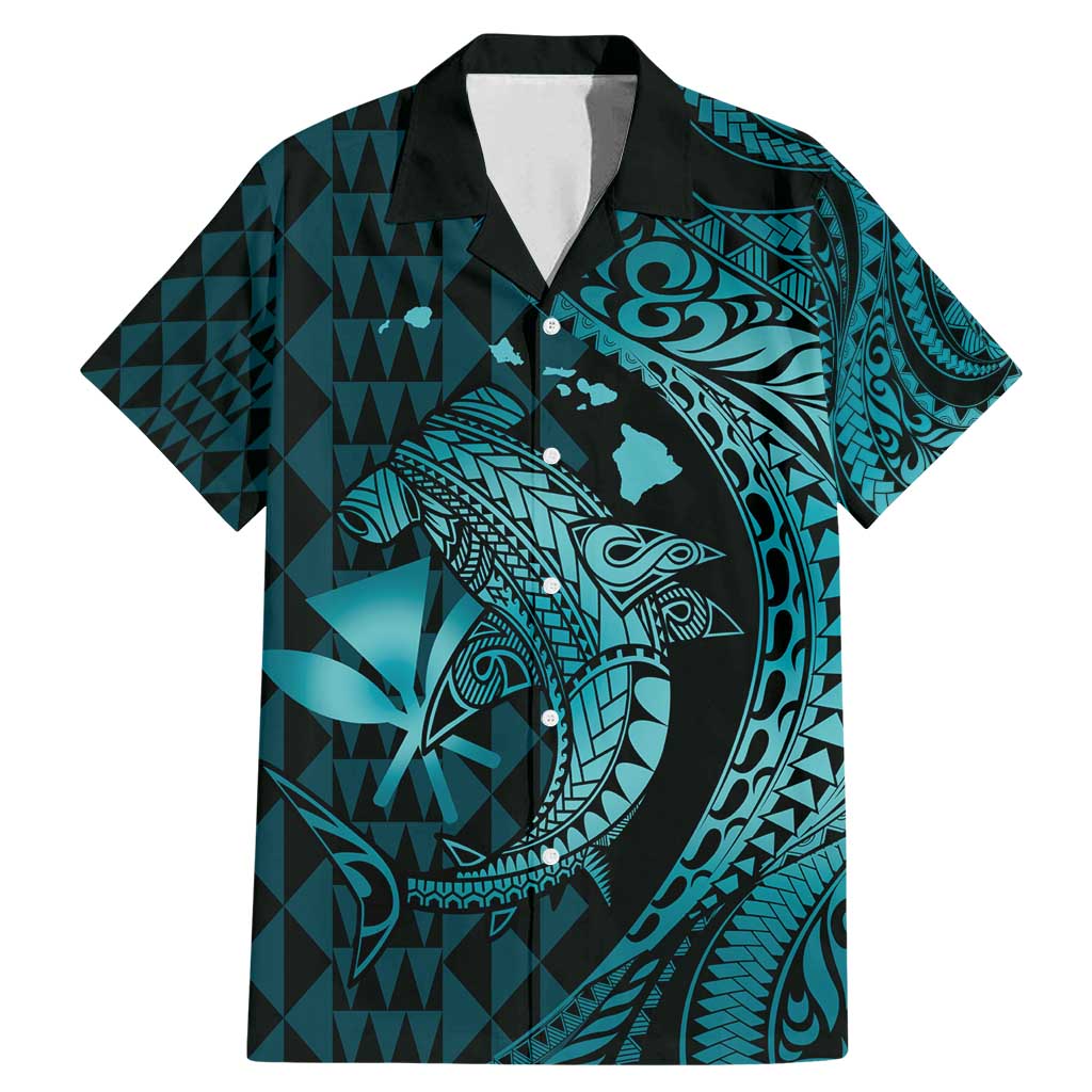 Aloha Hawaii Hammerhead Shark Family Matching Mermaid Dress and Hawaiian Shirt Turquoise Kakau and Polynesian Tattoo LT03 Dad's Shirt - Short Sleeve Turquoise - Polynesian Pride