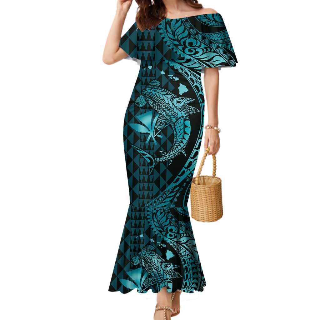 Aloha Hawaii Hammerhead Shark Family Matching Mermaid Dress and Hawaiian Shirt Turquoise Kakau and Polynesian Tattoo LT03 Mom's Dress Turquoise - Polynesian Pride