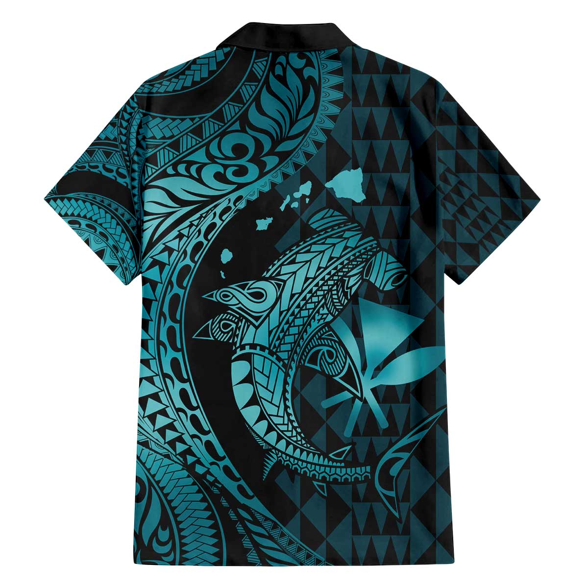 Aloha Hawaii Hammerhead Shark Family Matching Off The Shoulder Long Sleeve Dress and Hawaiian Shirt Turquoise Kakau and Polynesian Tattoo LT03 - Polynesian Pride