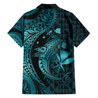Aloha Hawaii Hammerhead Shark Family Matching Off The Shoulder Long Sleeve Dress and Hawaiian Shirt Turquoise Kakau and Polynesian Tattoo LT03 - Polynesian Pride