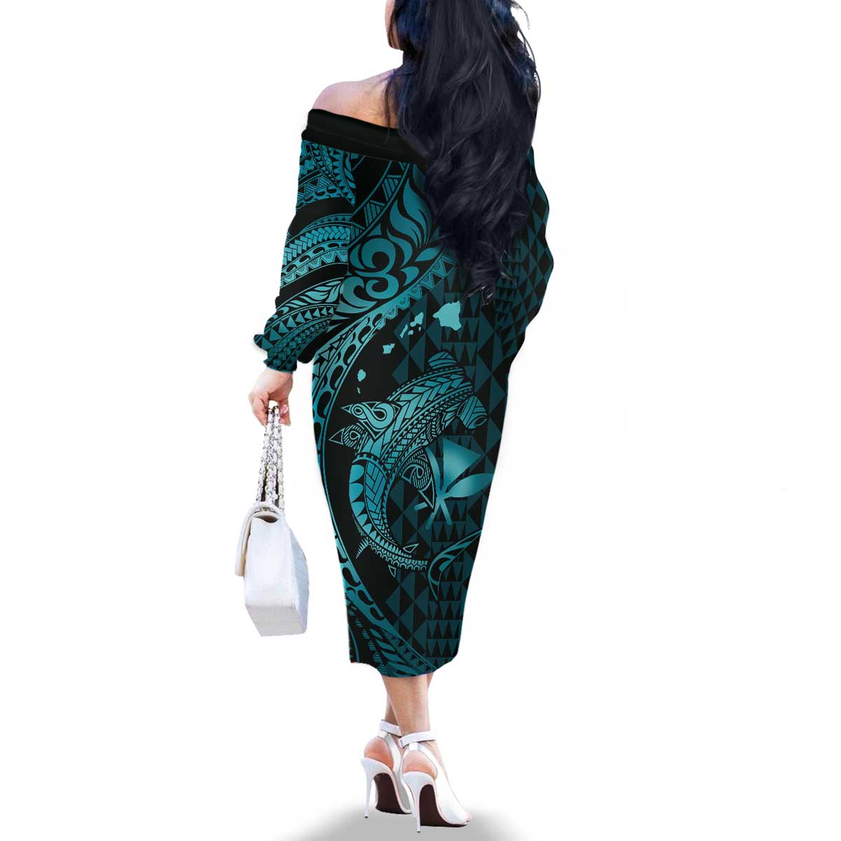 Aloha Hawaii Hammerhead Shark Family Matching Off The Shoulder Long Sleeve Dress and Hawaiian Shirt Turquoise Kakau and Polynesian Tattoo LT03 - Polynesian Pride