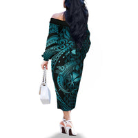 Aloha Hawaii Hammerhead Shark Family Matching Off The Shoulder Long Sleeve Dress and Hawaiian Shirt Turquoise Kakau and Polynesian Tattoo LT03 - Polynesian Pride