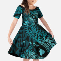 Aloha Hawaii Hammerhead Shark Family Matching Off Shoulder Maxi Dress and Hawaiian Shirt Turquoise Kakau and Polynesian Tattoo LT03 Daughter's Dress Turquoise - Polynesian Pride