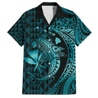 Aloha Hawaii Hammerhead Shark Family Matching Off Shoulder Maxi Dress and Hawaiian Shirt Turquoise Kakau and Polynesian Tattoo LT03 Dad's Shirt - Short Sleeve Turquoise - Polynesian Pride