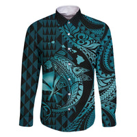 Aloha Hawaii Hammerhead Shark Family Matching Off Shoulder Maxi Dress and Hawaiian Shirt Turquoise Kakau and Polynesian Tattoo LT03 Dad's Shirt - Long Sleeve Turquoise - Polynesian Pride