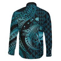 Aloha Hawaii Hammerhead Shark Family Matching Off Shoulder Maxi Dress and Hawaiian Shirt Turquoise Kakau and Polynesian Tattoo LT03 - Polynesian Pride