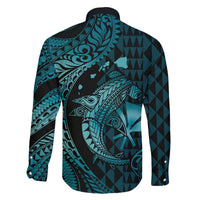 Aloha Hawaii Hammerhead Shark Family Matching Off Shoulder Short Dress and Hawaiian Shirt Turquoise Kakau and Polynesian Tattoo LT03 - Polynesian Pride
