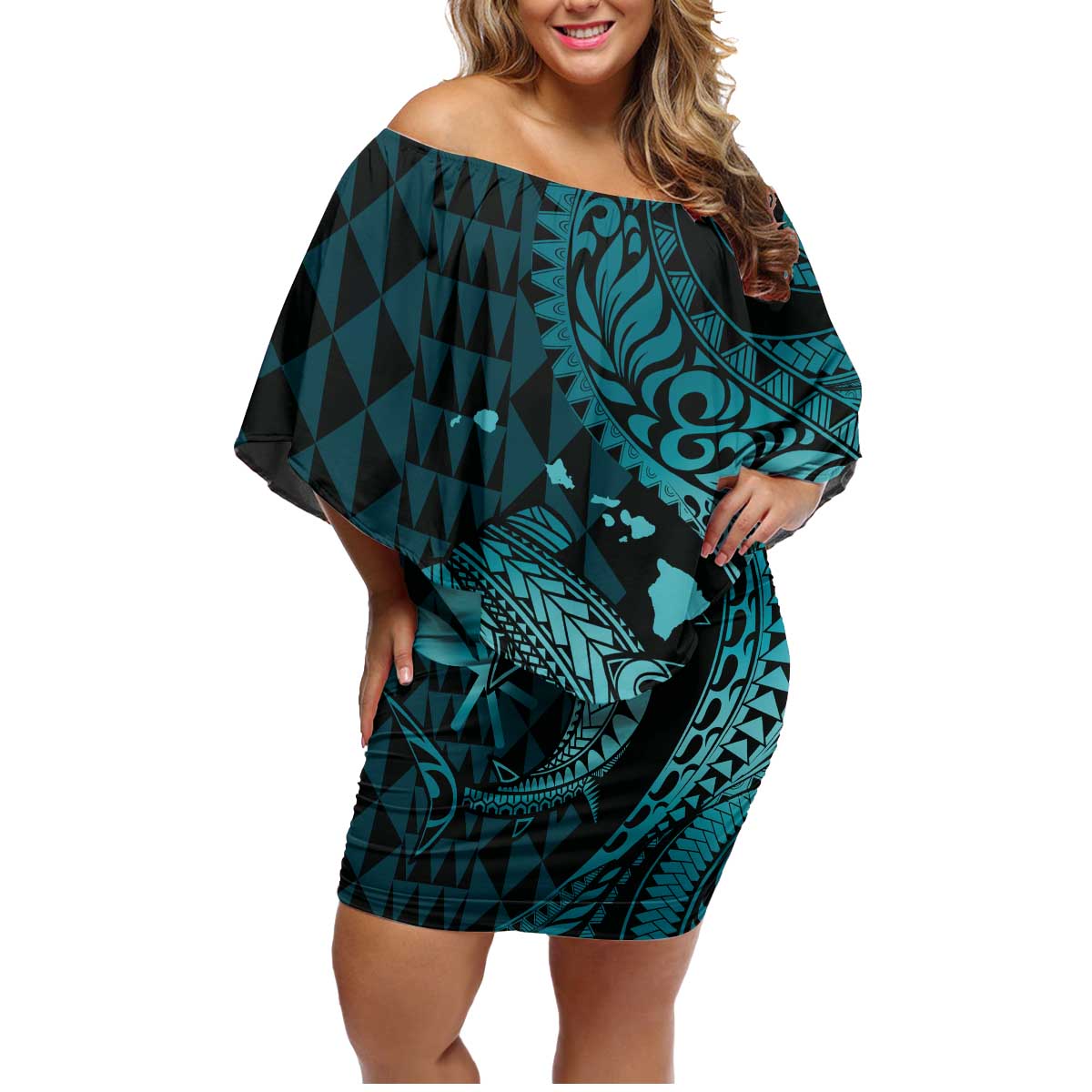 Aloha Hawaii Hammerhead Shark Family Matching Off Shoulder Short Dress and Hawaiian Shirt Turquoise Kakau and Polynesian Tattoo LT03 Mom's Dress Turquoise - Polynesian Pride