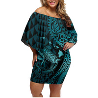 Aloha Hawaii Hammerhead Shark Family Matching Off Shoulder Short Dress and Hawaiian Shirt Turquoise Kakau and Polynesian Tattoo LT03 Mom's Dress Turquoise - Polynesian Pride