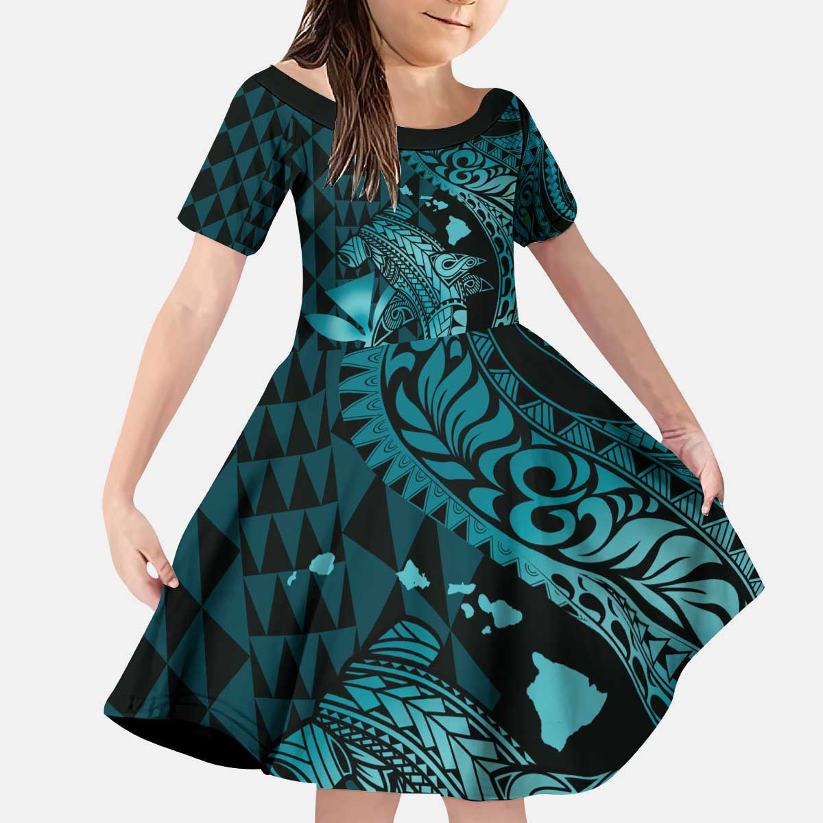 Aloha Hawaii Hammerhead Shark Family Matching Puletasi and Hawaiian Shirt Turquoise Kakau and Polynesian Tattoo LT03 Daughter's Dress Turquoise - Polynesian Pride