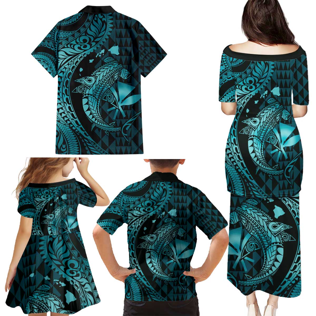 Aloha Hawaii Hammerhead Shark Family Matching Puletasi and Hawaiian Shirt Turquoise Kakau and Polynesian Tattoo LT03 - Polynesian Pride