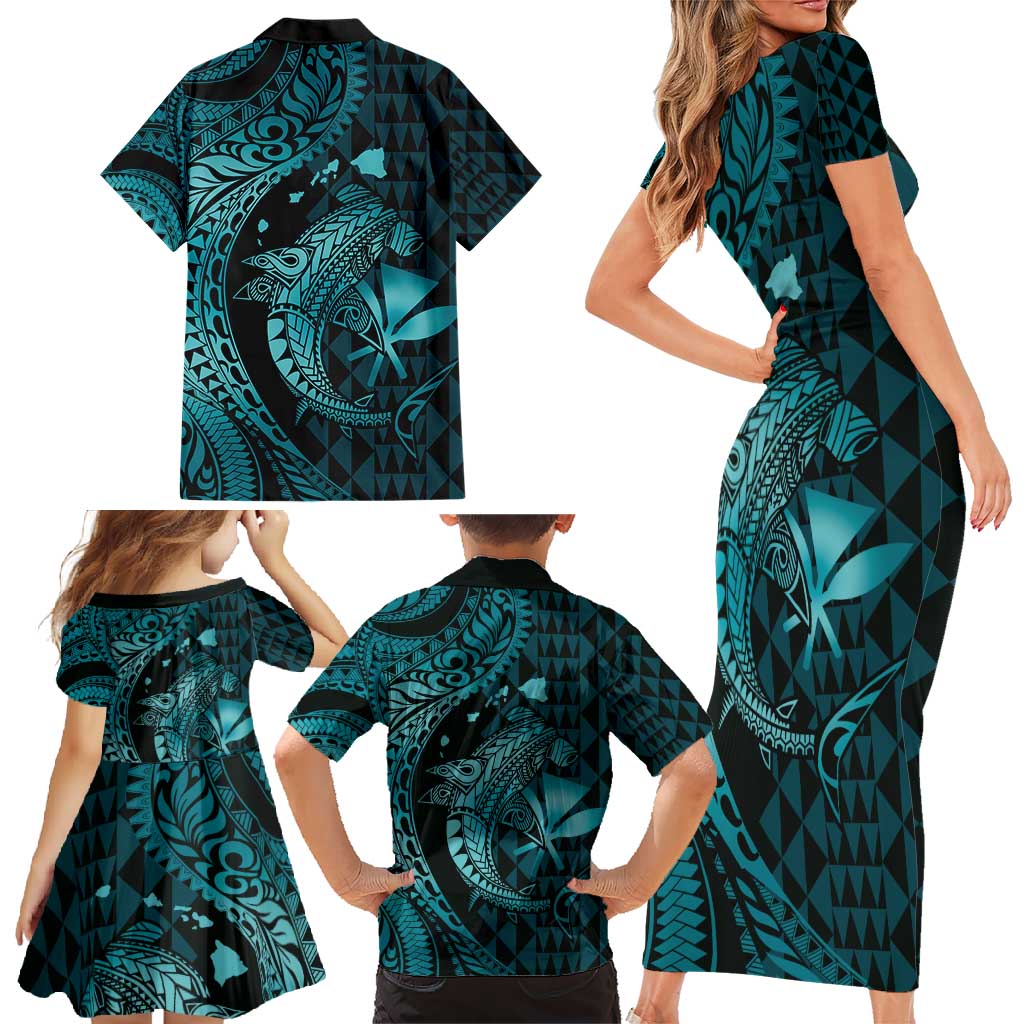 Aloha Hawaii Hammerhead Shark Family Matching Short Sleeve Bodycon Dress and Hawaiian Shirt Turquoise Kakau and Polynesian Tattoo LT03 - Polynesian Pride