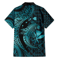 Aloha Hawaii Hammerhead Shark Family Matching Short Sleeve Bodycon Dress and Hawaiian Shirt Turquoise Kakau and Polynesian Tattoo LT03 - Polynesian Pride