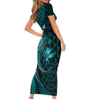 Aloha Hawaii Hammerhead Shark Family Matching Short Sleeve Bodycon Dress and Hawaiian Shirt Turquoise Kakau and Polynesian Tattoo LT03 - Polynesian Pride