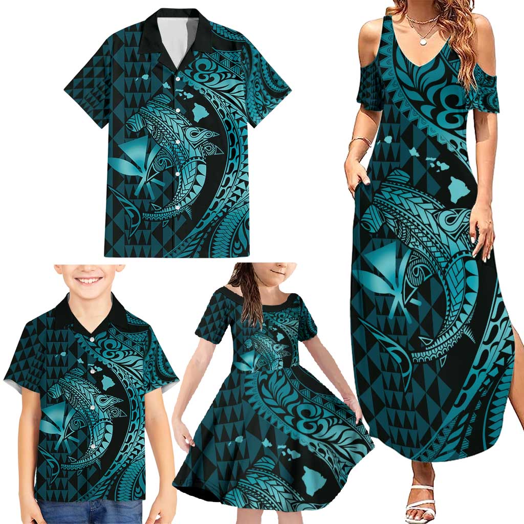 Aloha Hawaii Hammerhead Shark Family Matching Summer Maxi Dress and Hawaiian Shirt Turquoise Kakau and Polynesian Tattoo LT03 - Polynesian Pride