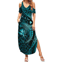 Aloha Hawaii Hammerhead Shark Family Matching Summer Maxi Dress and Hawaiian Shirt Turquoise Kakau and Polynesian Tattoo LT03 Mom's Dress Turquoise - Polynesian Pride