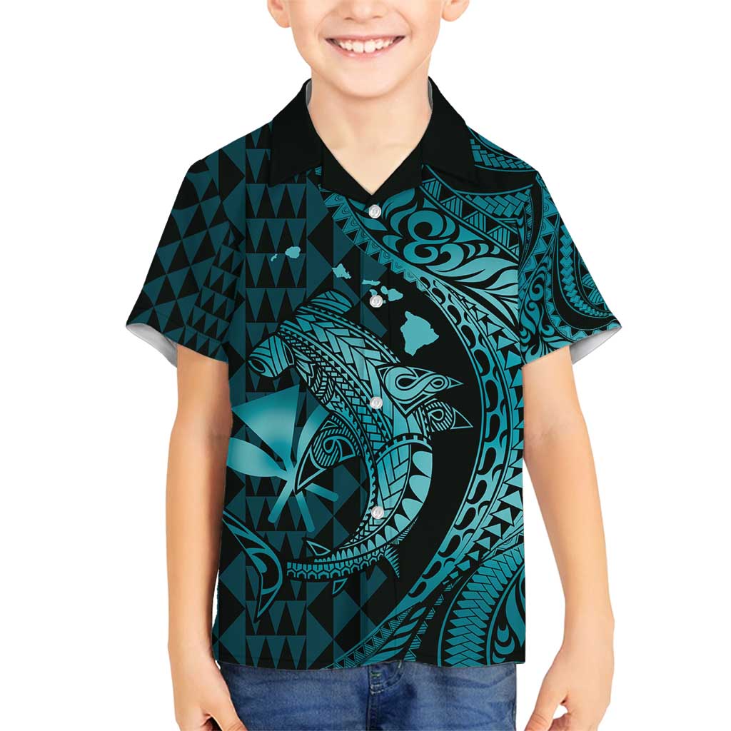 Aloha Hawaii Hammerhead Shark Family Matching Summer Maxi Dress and Hawaiian Shirt Turquoise Kakau and Polynesian Tattoo LT03 Son's Shirt Turquoise - Polynesian Pride