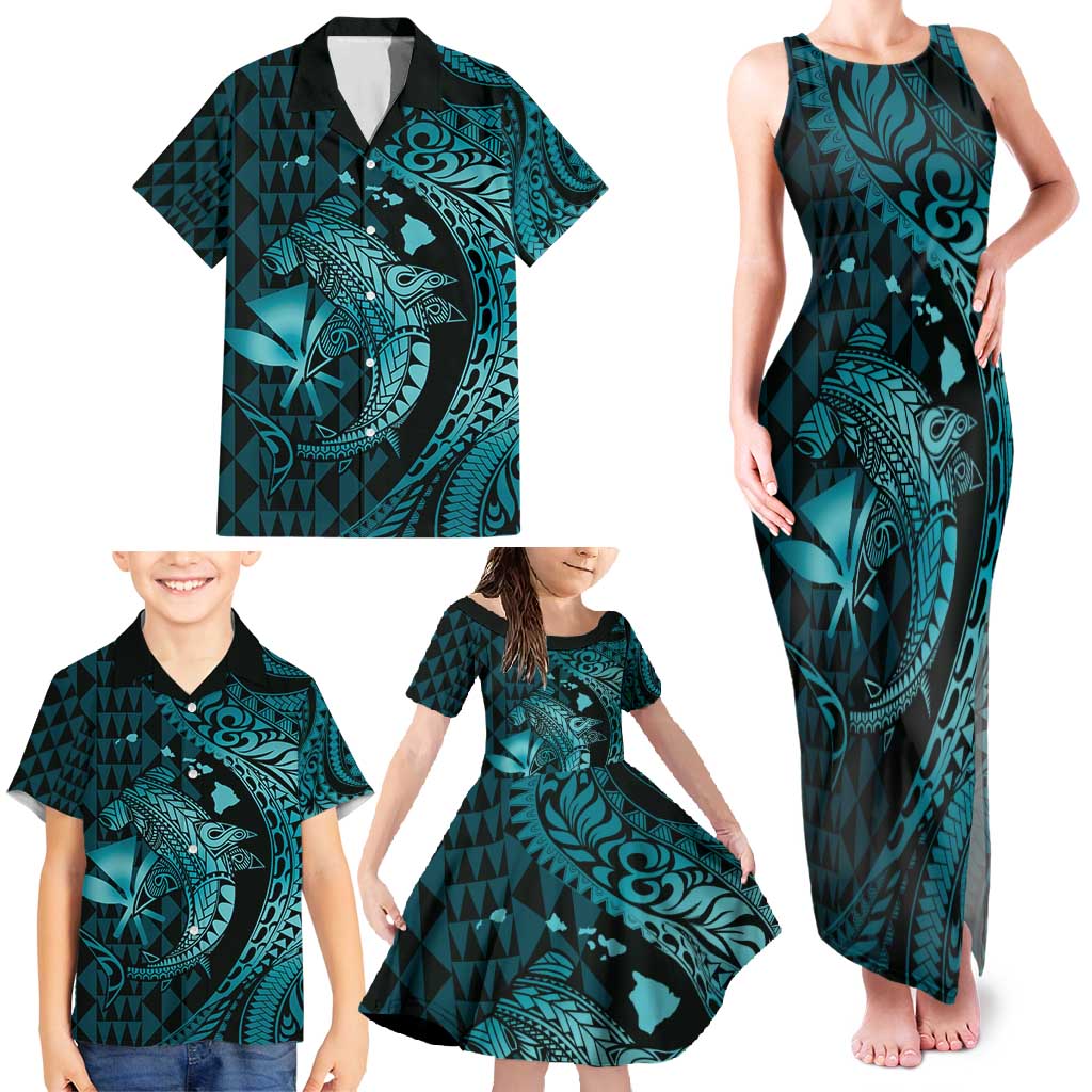 Aloha Hawaii Hammerhead Shark Family Matching Tank Maxi Dress and Hawaiian Shirt Turquoise Kakau and Polynesian Tattoo LT03 - Polynesian Pride