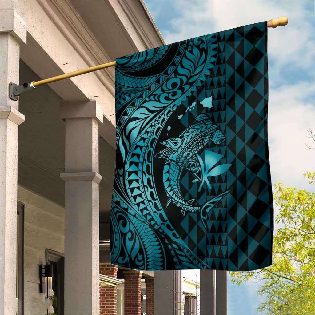 Aloha Hawaii Hammerhead Shark Garden Flag Turquoise Kakau and Polynesian Tattoo LT03 House Flag Turquoise - Polynesian Pride
