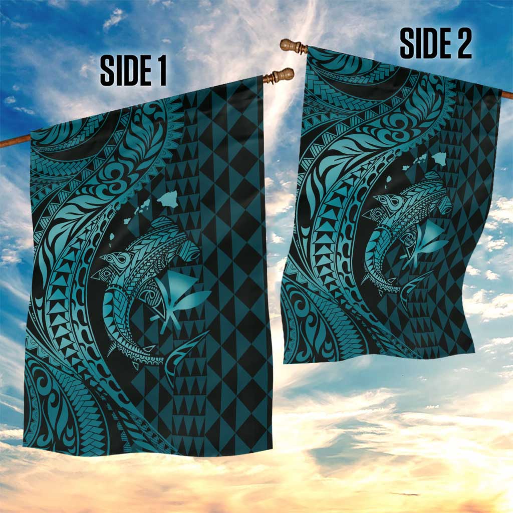 Aloha Hawaii Hammerhead Shark Garden Flag Turquoise Kakau and Polynesian Tattoo LT03 - Polynesian Pride