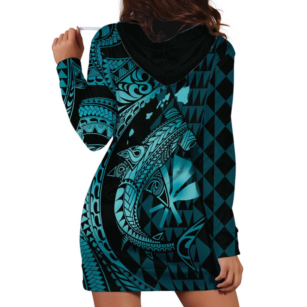 Aloha Hawaii Hammerhead Shark Hoodie Dress Turquoise Kakau and Polynesian Tattoo LT03 - Polynesian Pride