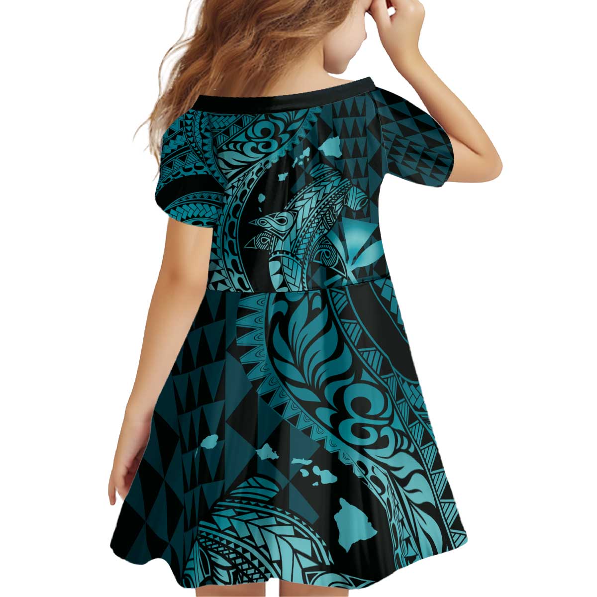 Aloha Hawaii Hammerhead Shark Kid Short Sleeve Dress Turquoise Kakau and Polynesian Tattoo LT03