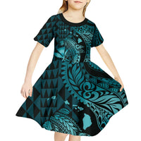 Aloha Hawaii Hammerhead Shark Kid Short Sleeve Dress Turquoise Kakau and Polynesian Tattoo LT03