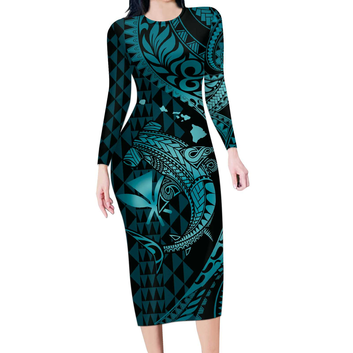 Aloha Hawaii Hammerhead Shark Long Sleeve Bodycon Dress Turquoise Kakau and Polynesian Tattoo LT03 Long Dress Turquoise - Polynesian Pride