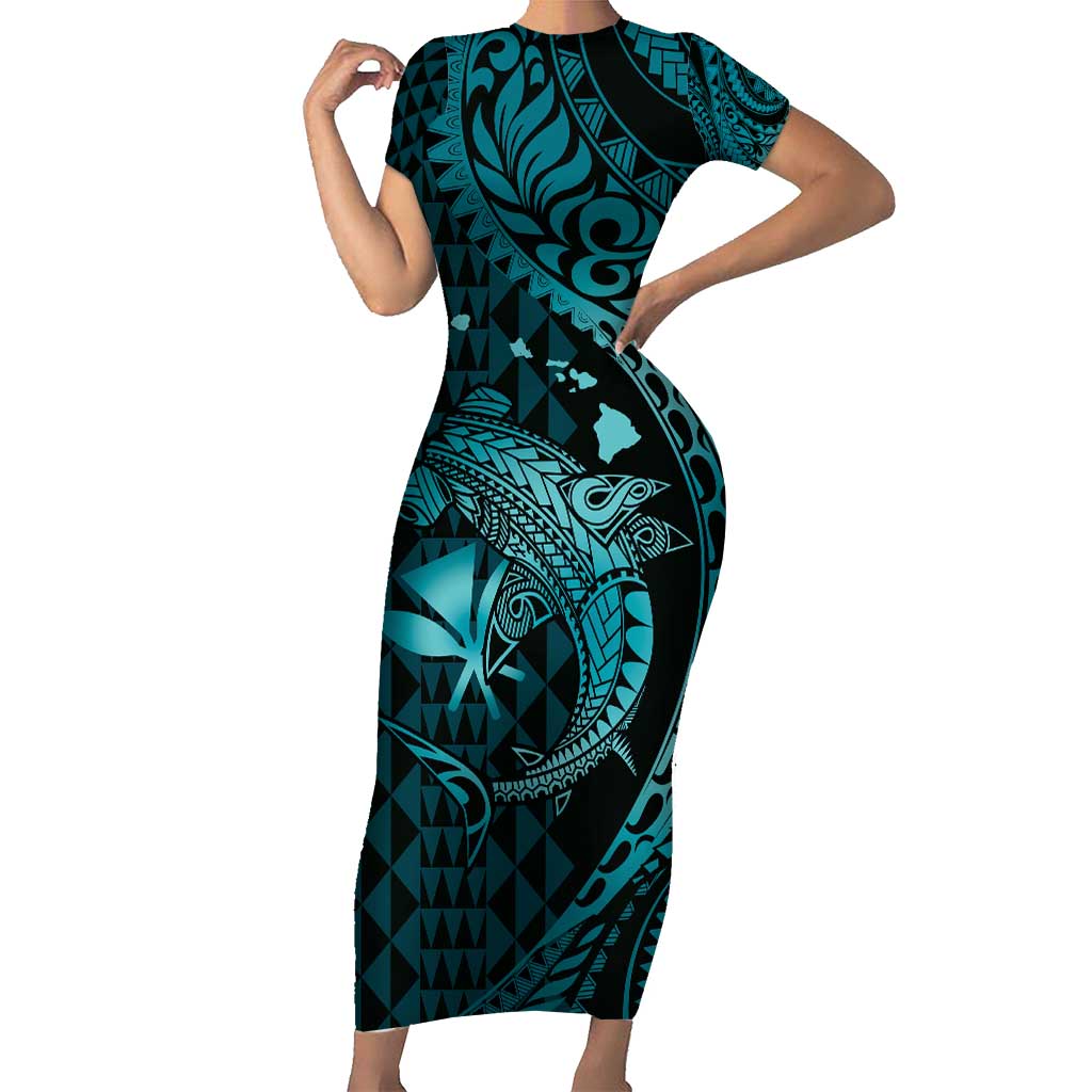 Aloha Hawaii Hammerhead Shark Short Sleeve Bodycon Dress Turquoise Kakau and Polynesian Tattoo LT03 Long Dress Turquoise - Polynesian Pride