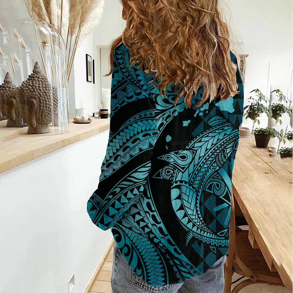 Aloha Hawaii Hammerhead Shark Women Casual Shirt Turquoise Kakau and Polynesian Tattoo LT03 - Polynesian Pride