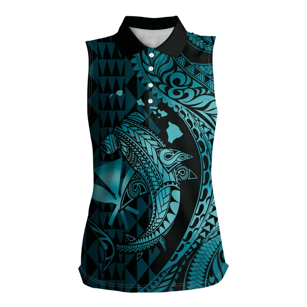 Aloha Hawaii Hammerhead Shark Women Sleeveless Polo Shirt Turquoise Kakau and Polynesian Tattoo LT03 Female Turquoise - Polynesian Pride