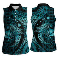 Aloha Hawaii Hammerhead Shark Women Sleeveless Polo Shirt Turquoise Kakau and Polynesian Tattoo LT03 - Polynesian Pride