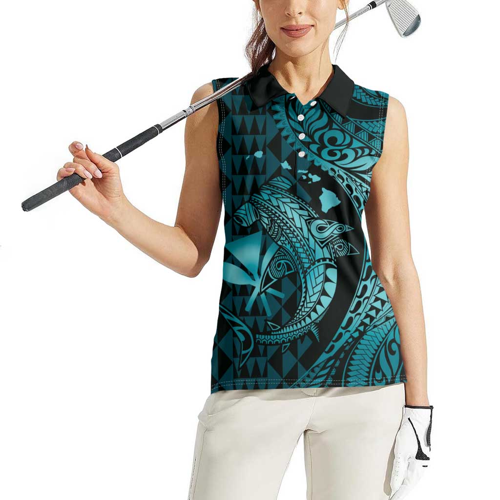 Aloha Hawaii Hammerhead Shark Women Sleeveless Polo Shirt Turquoise Kakau and Polynesian Tattoo LT03 - Polynesian Pride