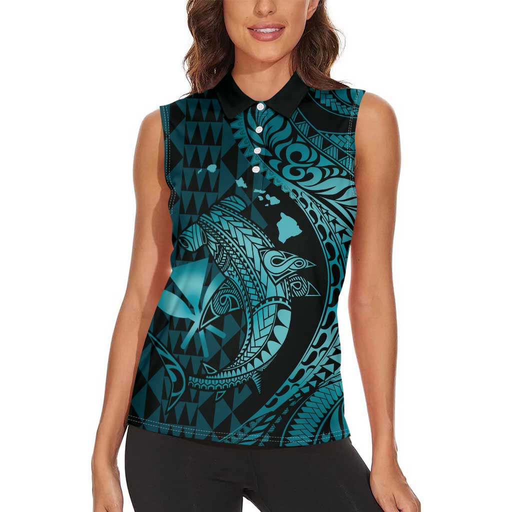 Aloha Hawaii Hammerhead Shark Women Sleeveless Polo Shirt Turquoise Kakau and Polynesian Tattoo LT03 - Polynesian Pride