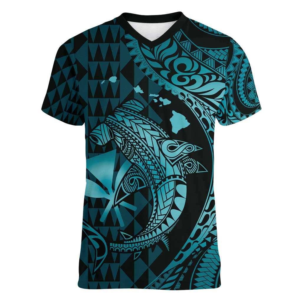 Aloha Hawaii Hammerhead Shark Women V-Neck T-Shirt Turquoise Kakau and Polynesian Tattoo LT03 Female Turquoise - Polynesian Pride