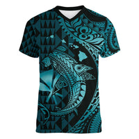 Aloha Hawaii Hammerhead Shark Women V-Neck T-Shirt Turquoise Kakau and Polynesian Tattoo LT03 Female Turquoise - Polynesian Pride
