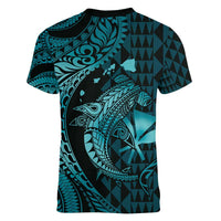 Aloha Hawaii Hammerhead Shark Women V-Neck T-Shirt Turquoise Kakau and Polynesian Tattoo LT03 - Polynesian Pride
