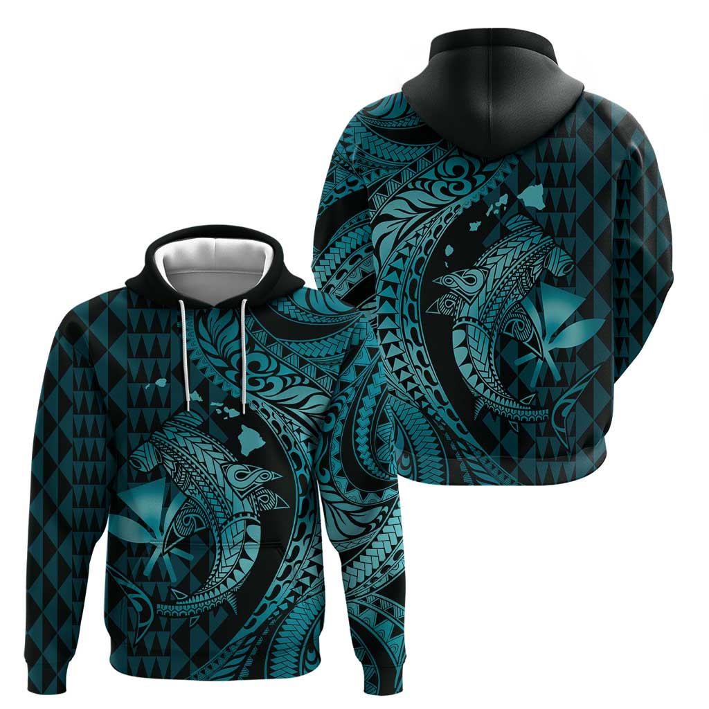 Aloha Hawaii Hammerhead Shark Zip Hoodie Turquoise Kakau and Polynesian Tattoo LT03