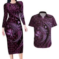 Aloha Hawaii Hammerhead Shark Couples Matching Long Sleeve Bodycon Dress and Hawaiian Shirt Purple Kakau and Polynesian Tattoo LT03 Purple - Polynesian Pride