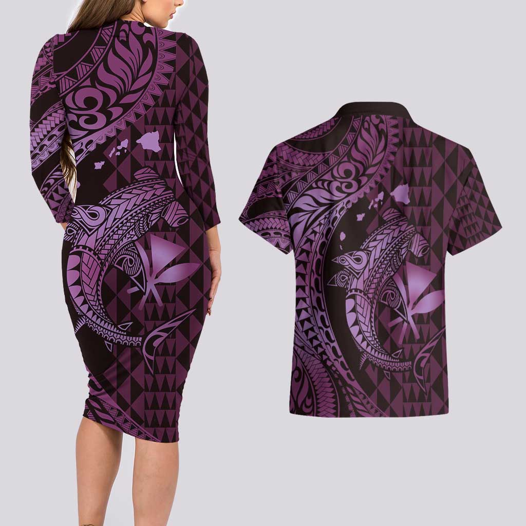 Aloha Hawaii Hammerhead Shark Couples Matching Long Sleeve Bodycon Dress and Hawaiian Shirt Purple Kakau and Polynesian Tattoo LT03 - Polynesian Pride