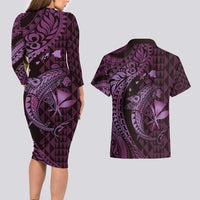 Aloha Hawaii Hammerhead Shark Couples Matching Long Sleeve Bodycon Dress and Hawaiian Shirt Purple Kakau and Polynesian Tattoo LT03 - Polynesian Pride