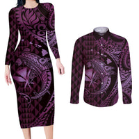 Aloha Hawaii Hammerhead Shark Couples Matching Long Sleeve Bodycon Dress and Long Sleeve Button Shirt Purple Kakau and Polynesian Tattoo LT03 Purple - Polynesian Pride