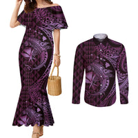 Aloha Hawaii Hammerhead Shark Couples Matching Mermaid Dress and Long Sleeve Button Shirt Purple Kakau and Polynesian Tattoo LT03 Purple - Polynesian Pride
