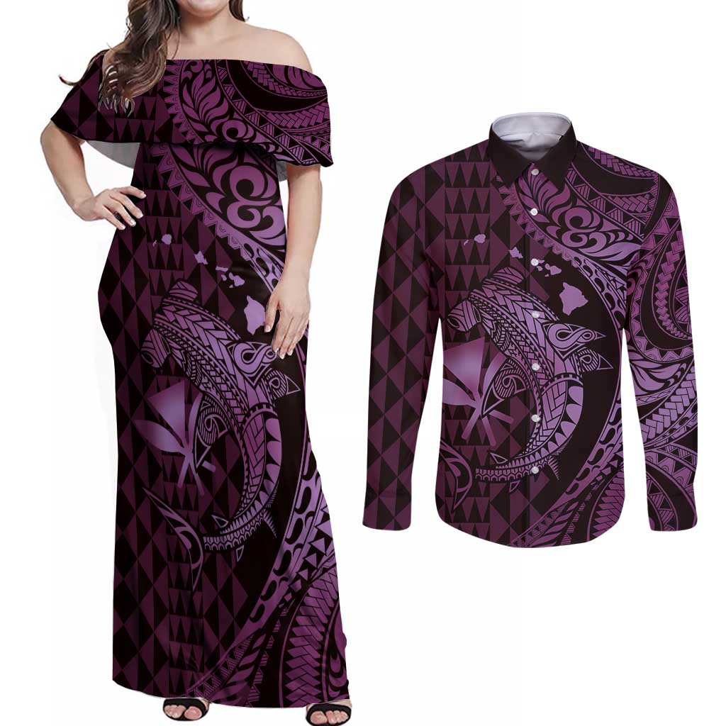 Aloha Hawaii Hammerhead Shark Couples Matching Off Shoulder Maxi Dress and Long Sleeve Button Shirt Purple Kakau and Polynesian Tattoo LT03 Purple - Polynesian Pride